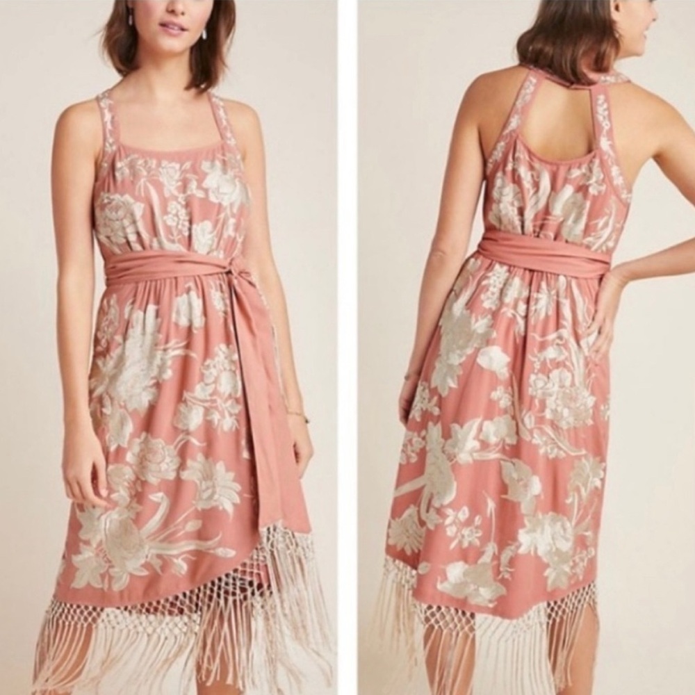 ANTHROPOLOGIE Lucille Boho Pink Floral Fringe Midi Dress